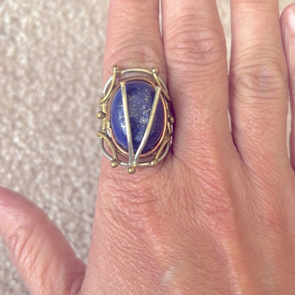 Vintage Jewelry - Lapis lazuli brutalist ring adjustable